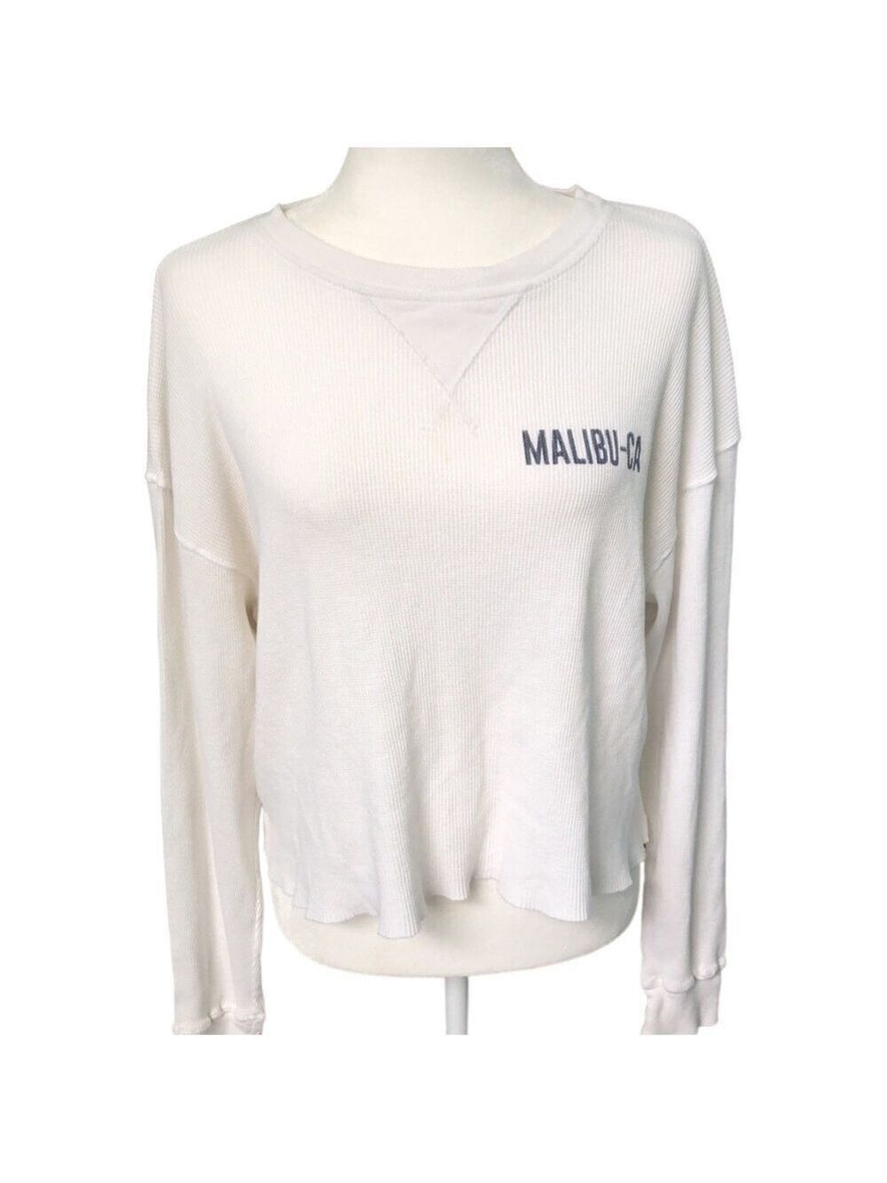 John Galt Brandy Melville Malibu CA White Thermal Cropped Long Sleeve Top One SZ